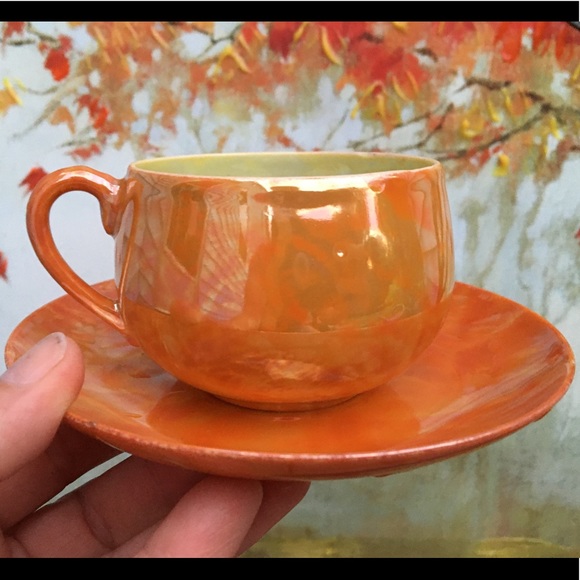 Vintage Shofu Japan Lusterware Orange Tea Cup Set